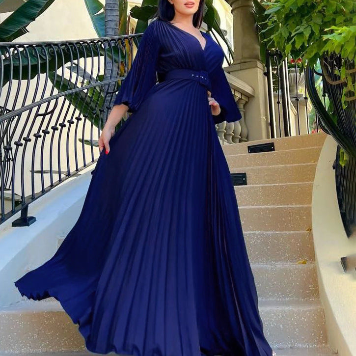 Women Clothing V neck Sexy Pleated Formal Swing Dress Maxi Dress