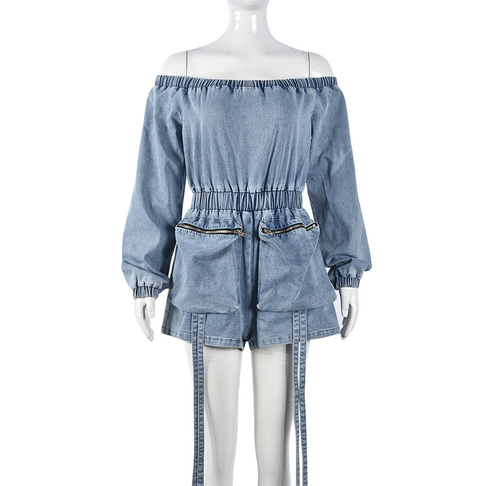 Damen Jumpsuit mit Taschen aus Denim, sexy Waschung, kurze, gewickelte Brust, elastische Taille