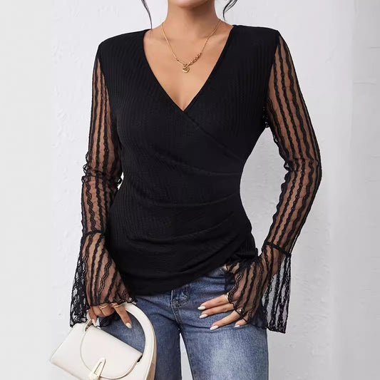 Waffle Cross Pleated Lace Bell Sleeve Stitching Long Sleeve T Shirt Top Women