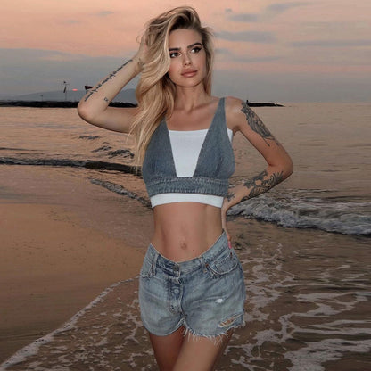 Frauen Kleidung Sommer Denim Waschen Wasser Sexy Weste BH Zurück Schnalle Top