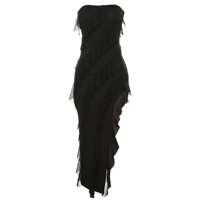 Women Clothing Summer Women Clothing Tube Top Sexy Backless Slit Tassel Temperamental Dress