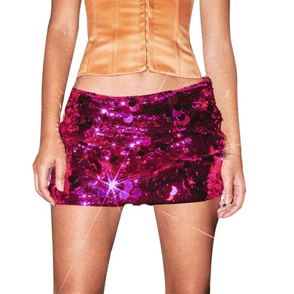 Frauen Glänzende Pailletten Mini Rock Sommer Sexy Low Taille Elastische Bodycon Rock für Strände Club Streetwear Glitters Kurzen Rock