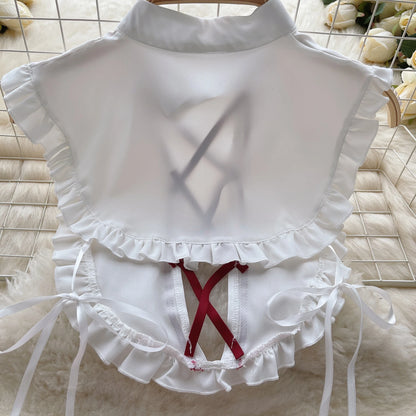 Maidservant Cosplay   Suits Female Hollow Out Drawstring Top+Mini Lace Skirt+Thongs Sweet Sexy Night Sets Wanita