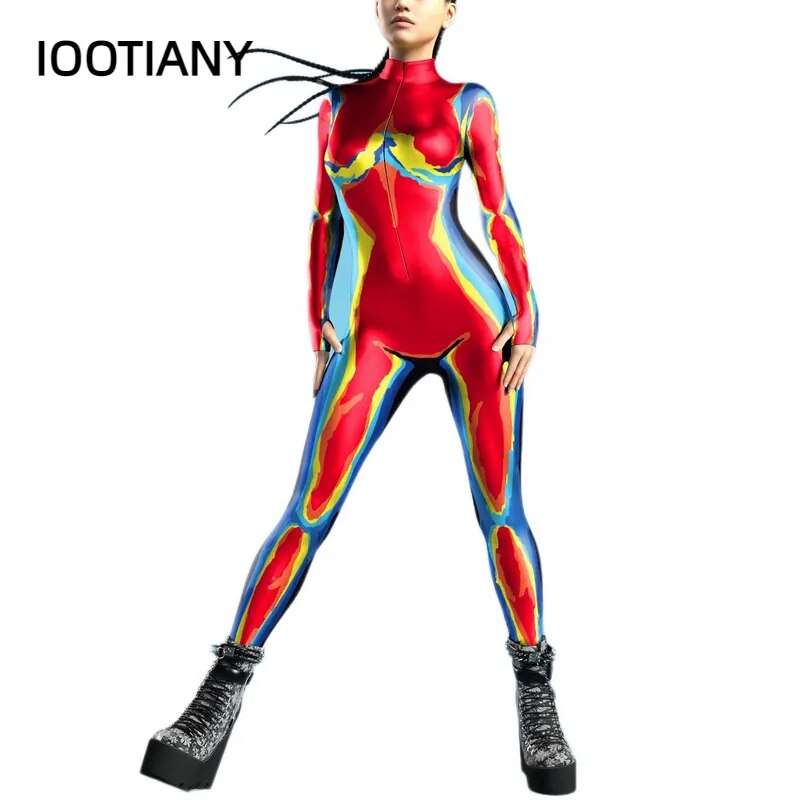 VIP FASHION Colorful Zentai Bodysuit Thumb Sleeves Cosplay Costume Front Zipper Jumpsuit Burning Man Festival Outfit for Woman