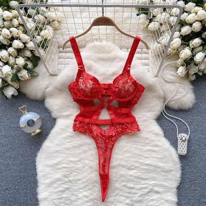 Embroidery Lace Mesh Sexy Bodysuits 2023 Women Strap Hollow Out Playsuits Female Transparent Sensual   Jumpsuits Wanita