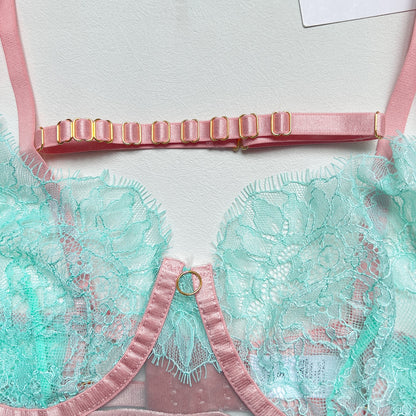 Feder-Dessous, sexy 5-teiliges Damen-Unterwäsche-Set, unzensiert, ausgefallene transparente Spitze, einzigartiges Paar, intim