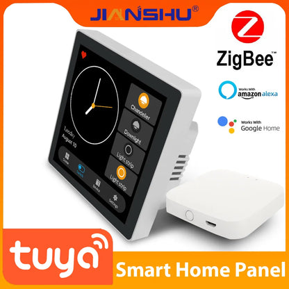 Jianshu Smart Home Tuya Panel 110-220V 3 Gang Panel inteligente Zigbee 4 "Sences Panel de interruptor Smart Life Tuya Panel de Control de pantalla