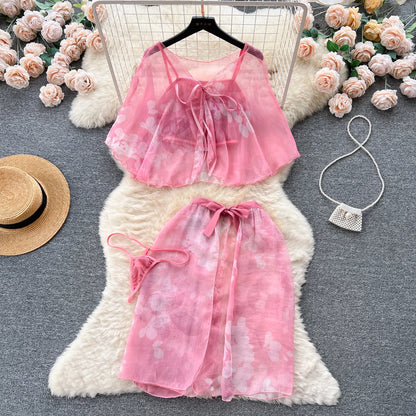 Women Floral Print   Outfit Ladies Elastic Camis+Lace Up Skirt+Thongs 2023 Transparent Sexy Nightsuits Wanita