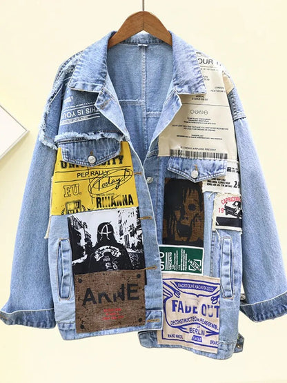 Vintage Full Sleeve Appliques Newspaper Pattern Large Size Black Denim Jacket Leisure Trend Coat 2023 Autumn New Jeans Jacket