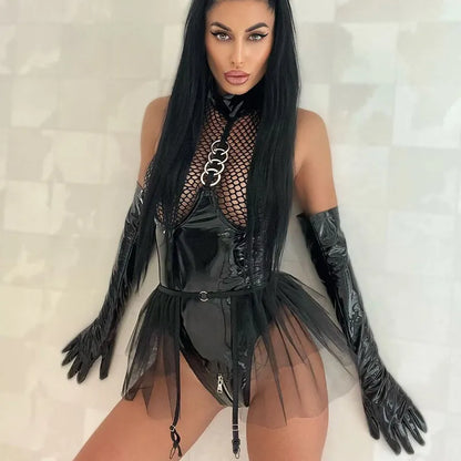 Latex Sexy Body Dessous Frauen Mesh Pu Leder Body Offene PVC Kostüme Rüschen Outfit Sissy Strumpfhosen