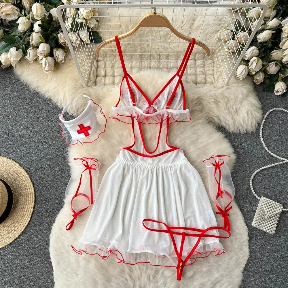 Nurse Cosplay Mesh Sexy Nightwear Women Strap Elastic Mini  Pajamas Dress+Thongs Backless Sensual Night Dress Wanita