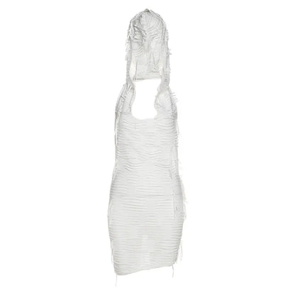 Solid Hooded Mini Dress Women Simple Sexy See Through  Sleeveless Body-shaping Robe Lady Hipster Club Party Streetwear