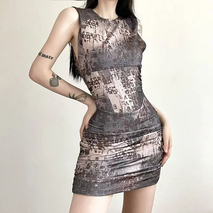 Wasteland Style Unique Retro Print Age Reducing Hooded Sleeveless Short Dress for Women Slim Fit Sexy Girls Wrapped Hip Dress