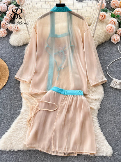 Vintage Stickerei Sexy Nacht Anzüge Weibliche Lose Blumen Camis + Mini Rock + Tangas Chinesischen Stil Cosplay Sheer Nachtwäsche Wanita