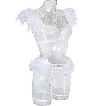 Ropa interior transparente para mujer, decoración de plumas de lujo, lencería con cadena de Metal, traje de Tanga, ropa Punk Sexy