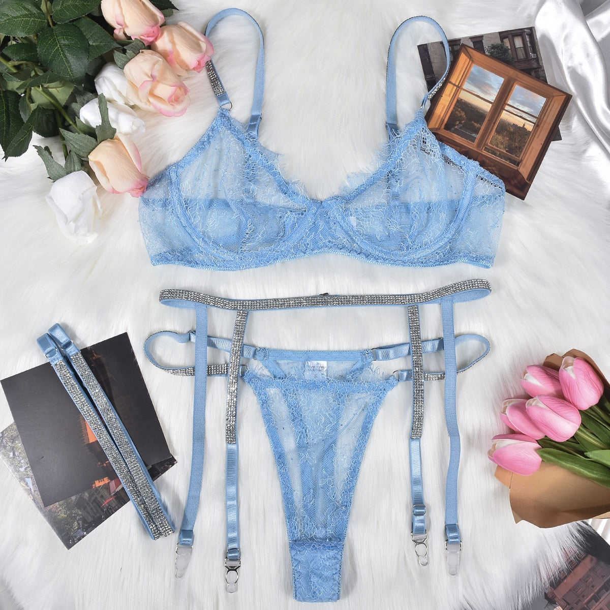 Strass Dessous schiere Spitze nahtlose BH Kit Push Up Sissy Unterwäsche transparente intime Luxus-Sets