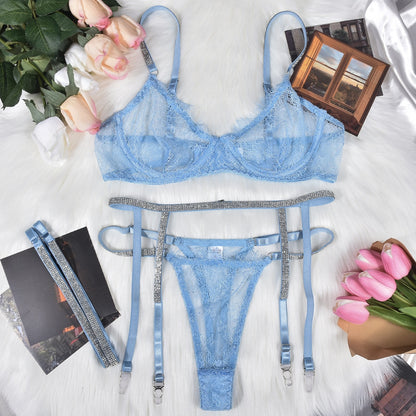 Rhinestone Lingerie Sheer Lace Seamless Bra Kit Push Up Sissy Underwear Transparent Intimate Luxury  Sets