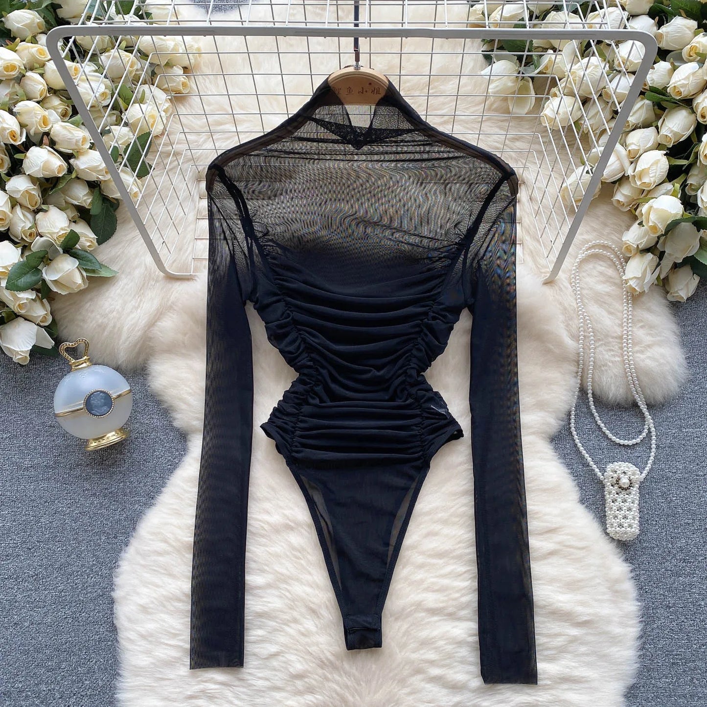 Sheer Ruched Mesh Sexy Bodysuits Half High Collar Long Sleeved Bodycon Streetwear 2023 Women Open Crotch Slim Playsuit Wanita