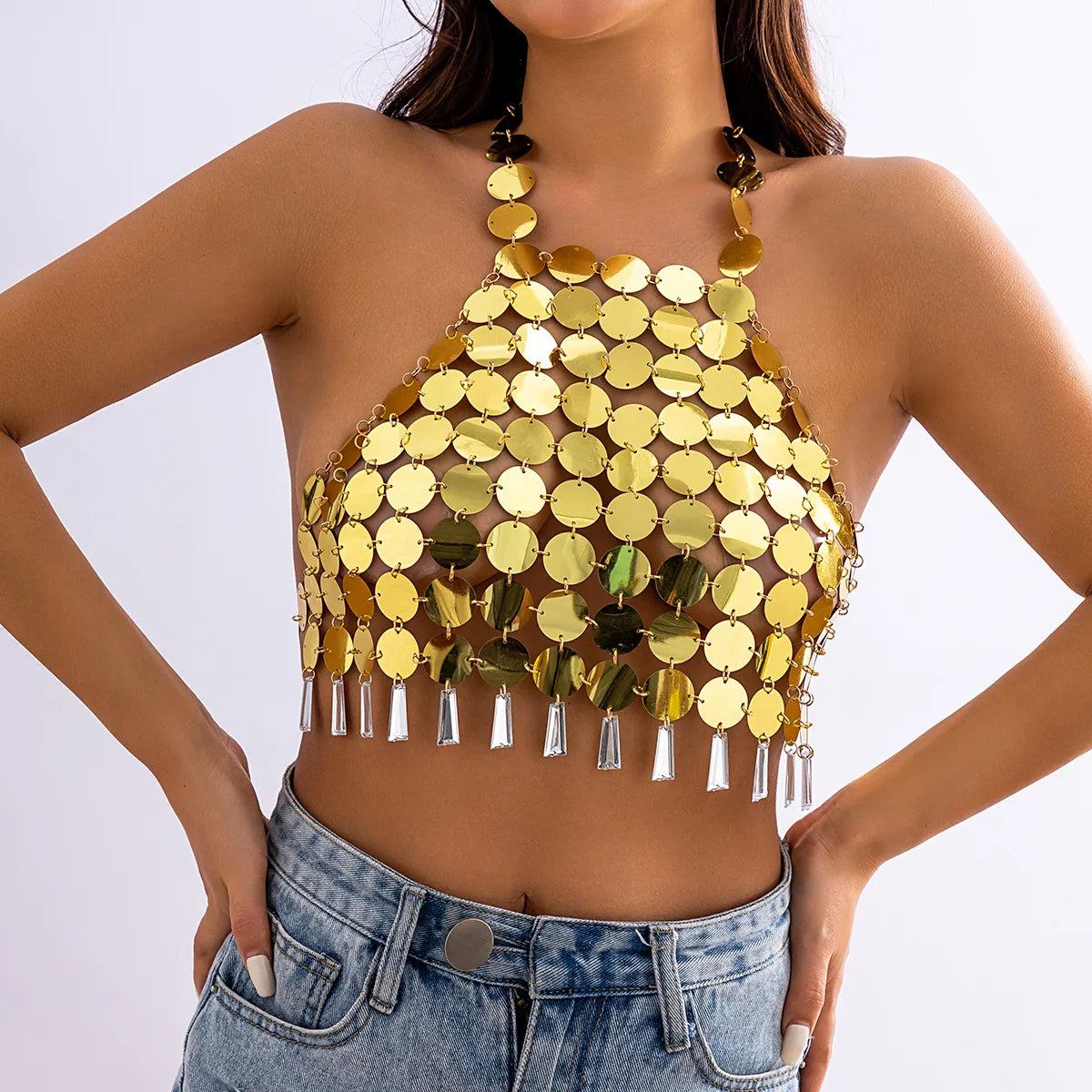 IngeSight.Z Sexy Sequins Hanging Neck Bra Top Chest Chain Women Summer Beach Crystal Tassel Pendant Body Festival Y2K Jewelry