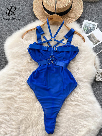 Fashion Sheer Sexy Bodysuits Women Buckle Crossing Halter Strap Open Crotch Nightwear Hollow Out Slim Sensual Playsuit Wanita