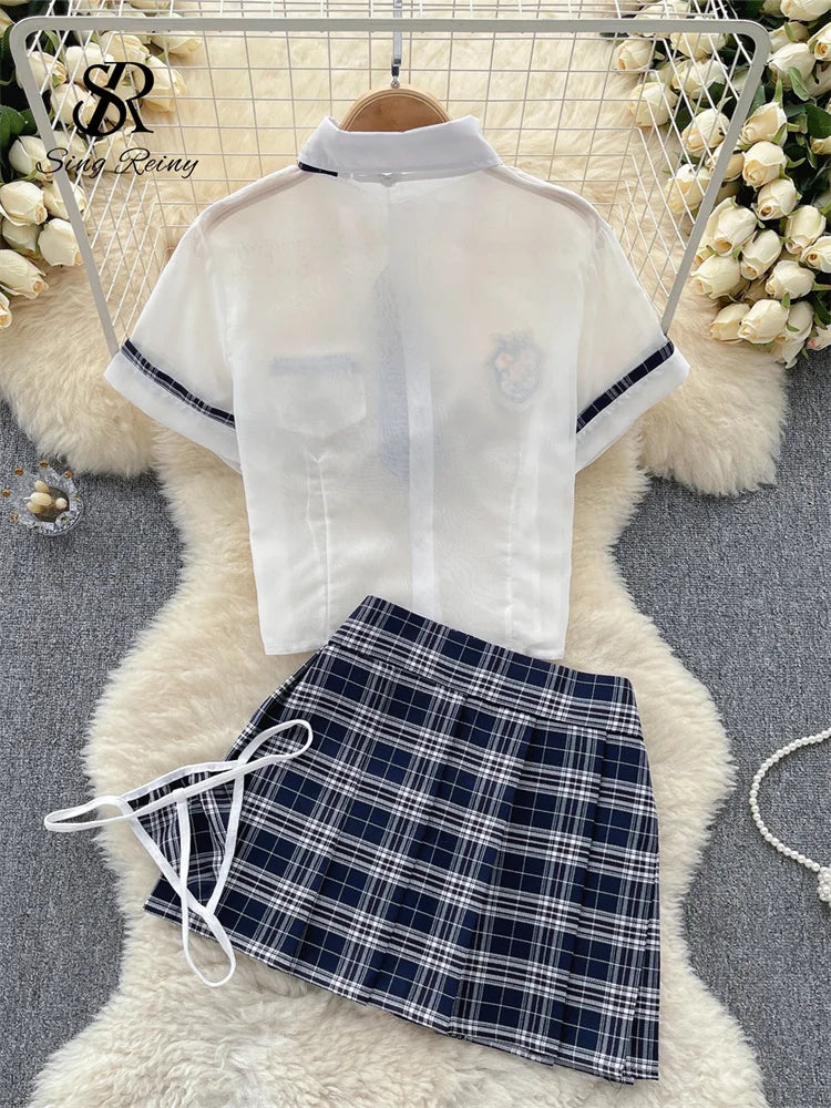 Adrette Sheer Sexy Anzüge Frauen Top + Plaid Mini Rock + Tangas Mode Koreanische Cosplay Drei Stücke Sets Wanita