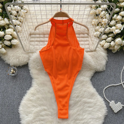 Wanita Neckholder, offener Schritt, sexy Bodys, weiblich, ärmellos, schlank, rückenfrei, Bikini, Französisch, solide, dünn, schlank, Strand-Playsuits