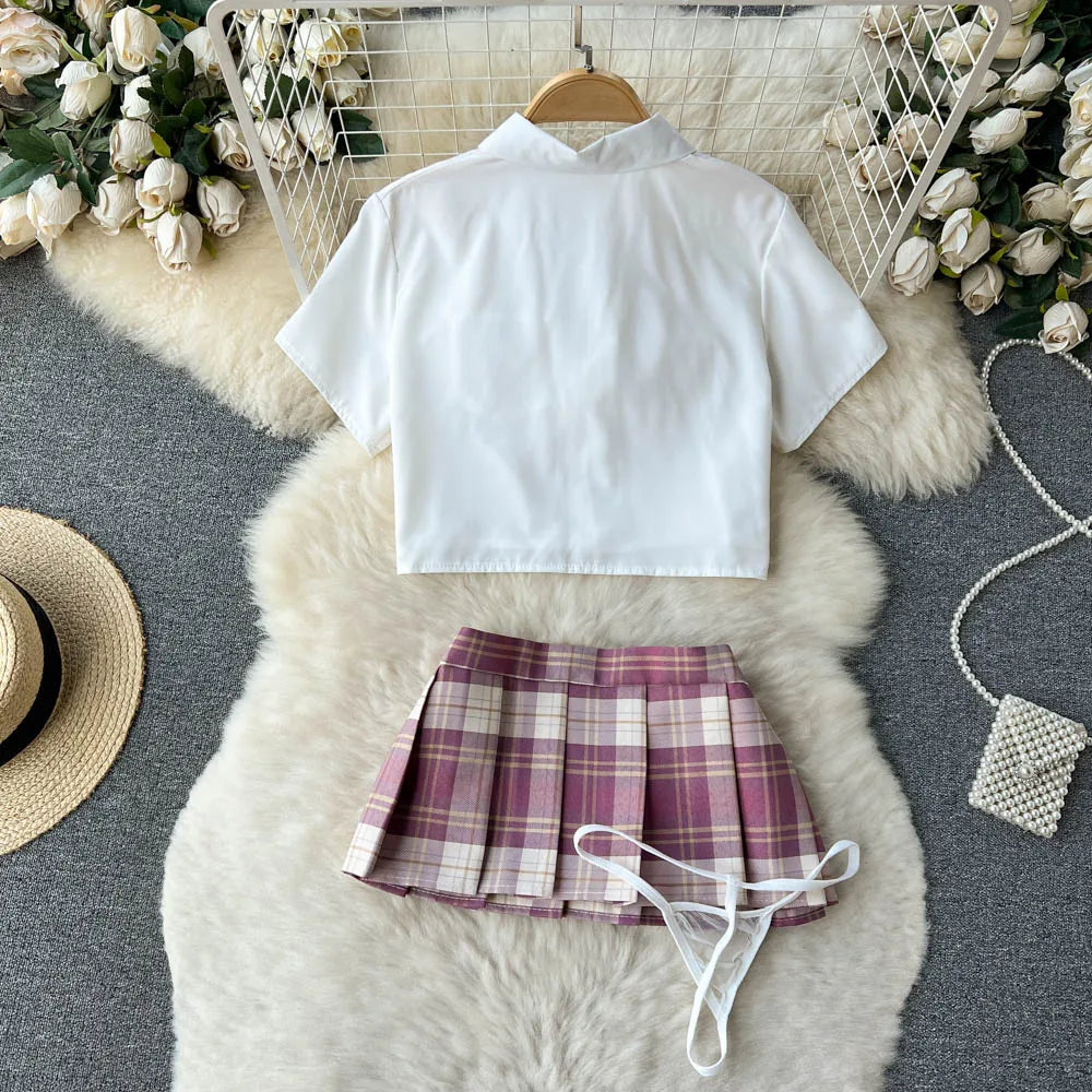 Cosplay   Outfit Women Lapel Neck Short Shirt+Plaid Mini Skirt+Thongs  2023 Preppy Style Sexy Nightwear Wanita