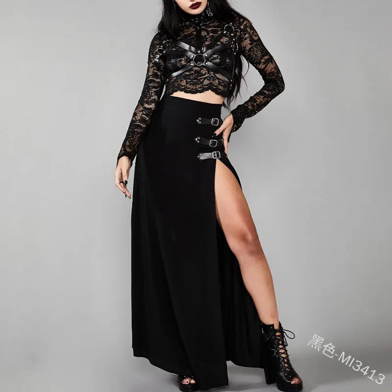 Mandylandy Women Medieval Cosplay Skirts Female Court-Style Sexy Gothic Punk High Split Belt Patchwork Long Skirts