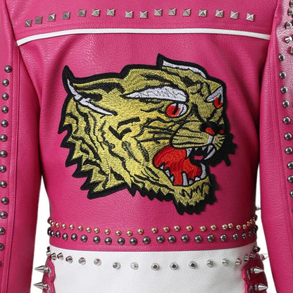 Frühlings- und Herbst-Rosa-Lederjacken für Damen, Tiger-bestickte Kunstleder-Moto-PU-Jacke und Mantel mit Nieten