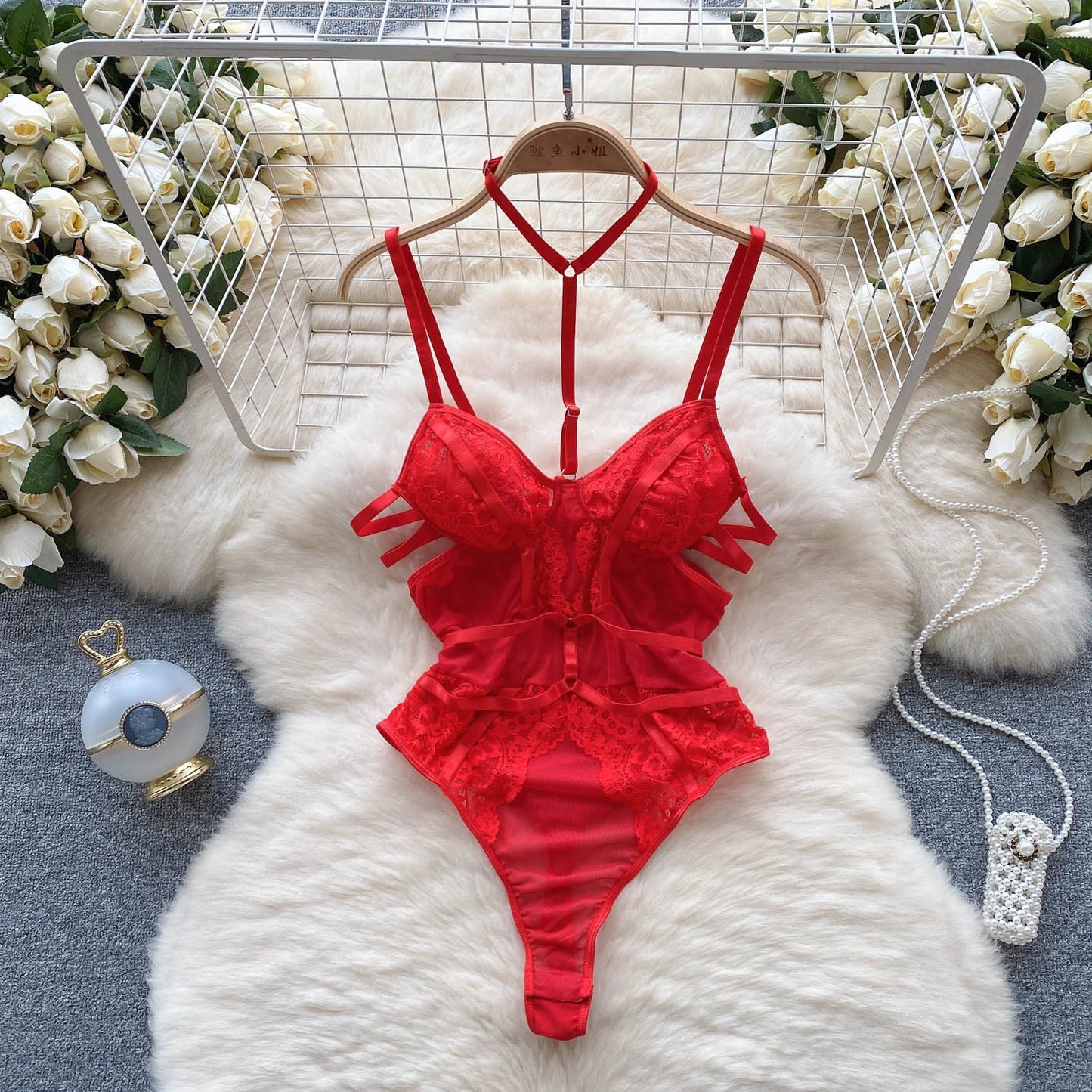 Women Sensual Hollow Out Playsuits Female Halter Strap Transparent Thin Slim Jumpsuits 2023 Mesh Lace Sexy Bodysuits Wanita