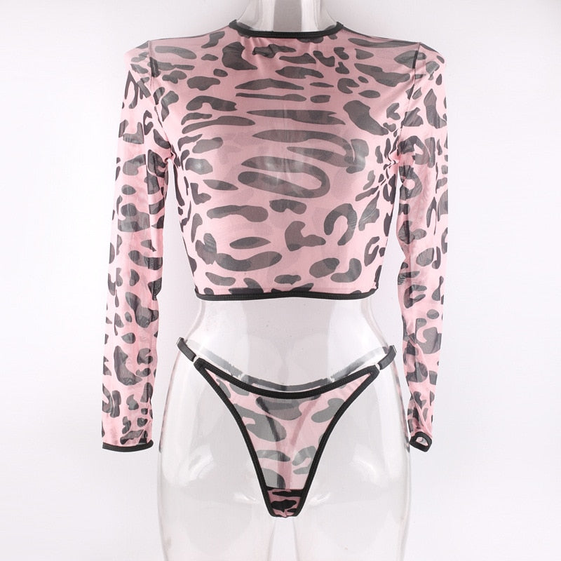 Leopard Lingerie Outfits Light Pink Tops Long Sleeve Sets For Women 2 Pieces Contrast Color Young Girl Intim Goods