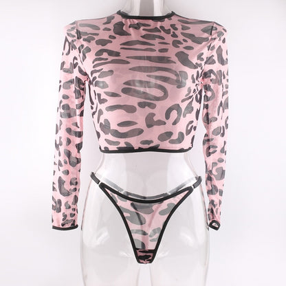 Trajes de lencería de leopardo, Tops de color rosa claro, conjuntos de manga larga para mujer, 2 piezas, Color de contraste, productos íntimos para chica joven