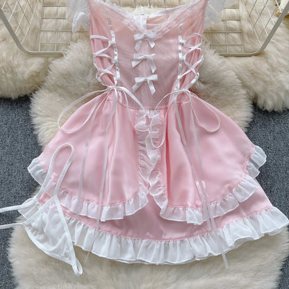 Lace Up Sweet Cosplay Sensual Mini Dress Women Strap Ruffles Nightwear+Thongs 2023  Sexy Sheer Nightdress Wanita