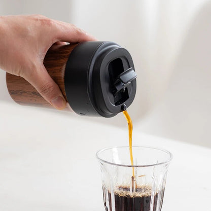 Portable Wood Grain Coffee Mug with Lids Vacuum Insulated Tumbler Thermos Cup for Keep Coffee Tea Hot Cold Inner Ceramic Coating