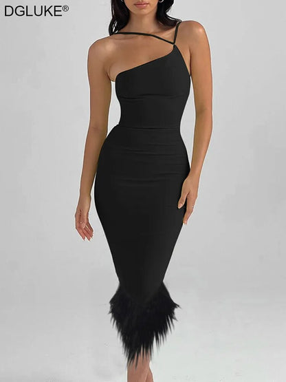 One-Shoulder-Abendkleider für Frauen 2023, elegantes Geburtstagsparty-Kleid mit Feder, rückenfrei, figurbetontes Midi-Kleid, Schwarz