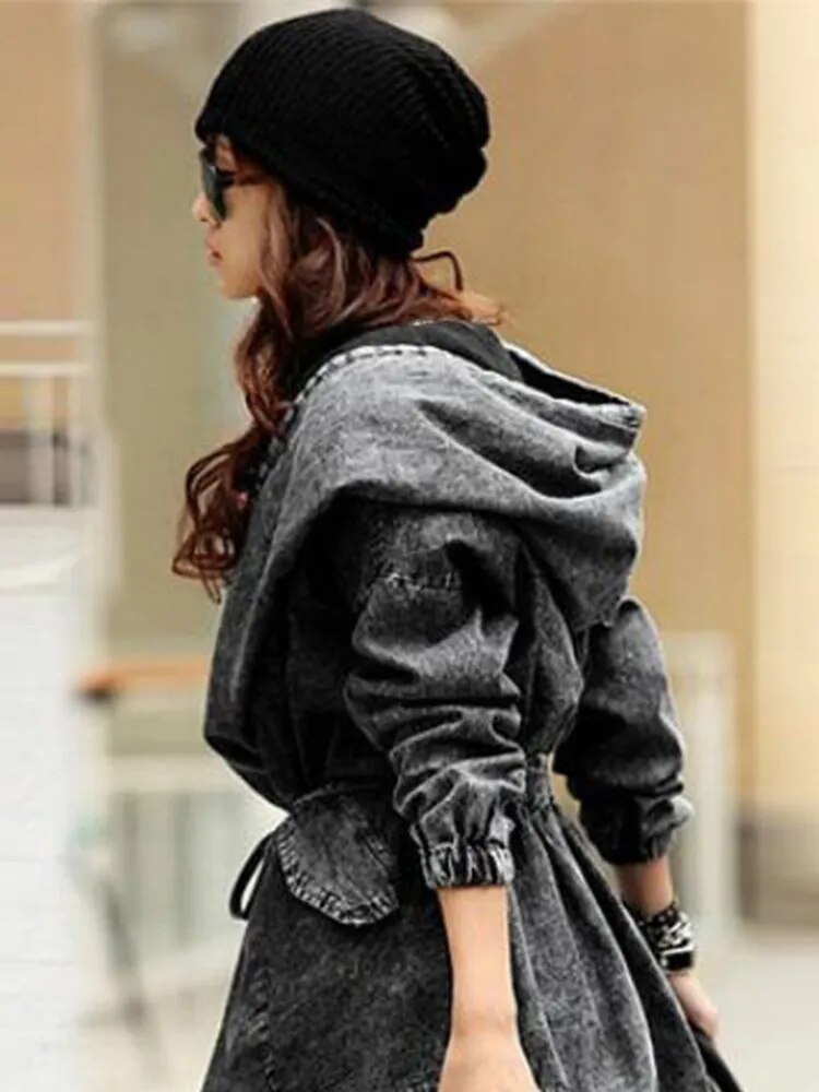 New Girl's Denim Jackets Oversized Hoodie Hooded Outerwear Jean Wind Jacket Fashion Design Denim Women Coat