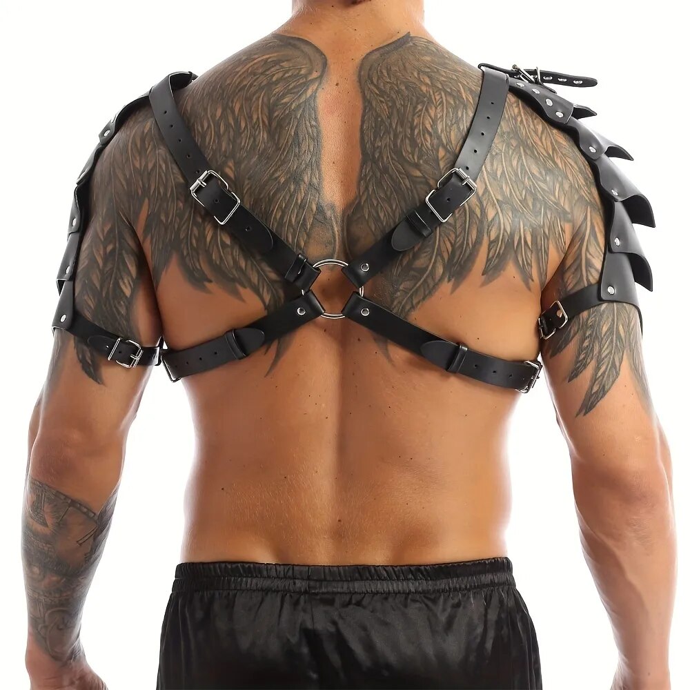 Mens PU Leather Harness Double Shoulder Armors Buckles Sexual Body Chest Harness Belt for Adult Cosplay Halloween Party