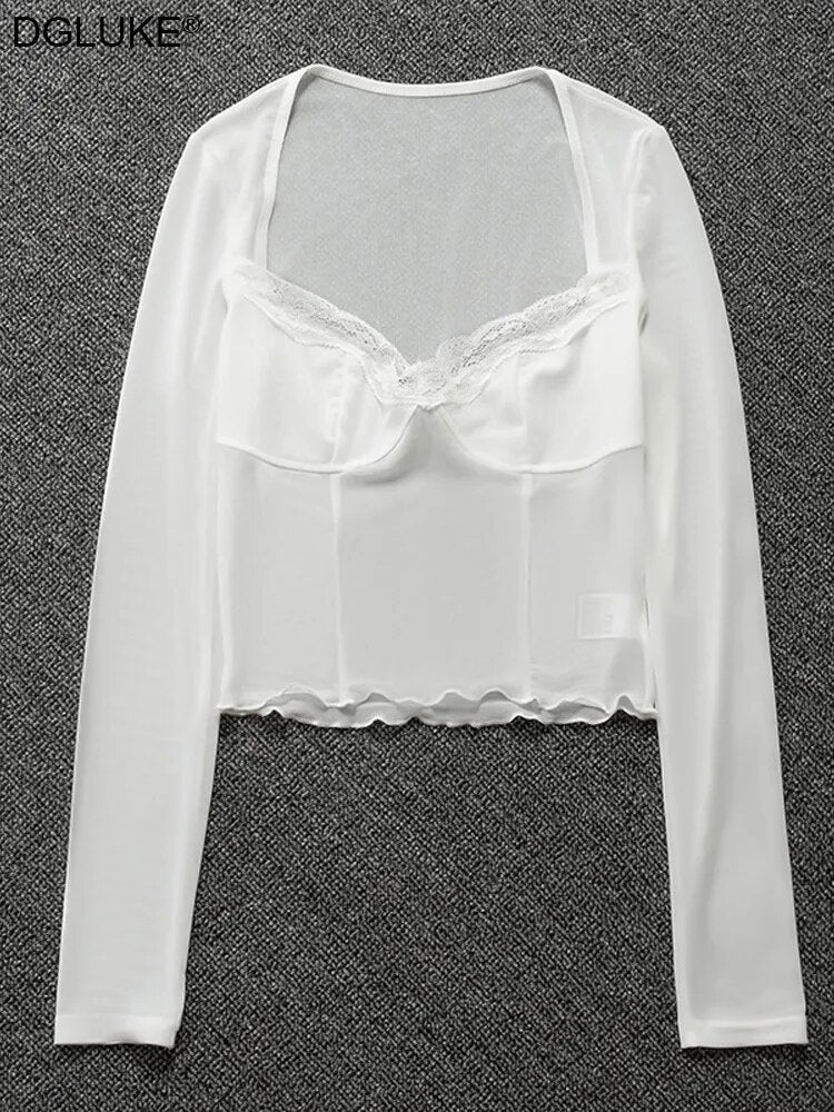 Top corto de manga larga de malla transparente para mujer, camiseta con cuello cuadrado y adorno de encaje, camisetas sexys para fiesta y discoteca, color blanco, verano 2023