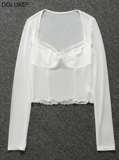 Top corto de manga larga de malla transparente para mujer, camiseta con cuello cuadrado y adorno de encaje, camisetas sexys para fiesta y discoteca, color blanco, verano 2023