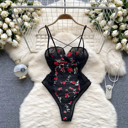 Strap Floral Stickerei Mesh Bodys Frauen Ärmellose Dünne Spitze Up Backless Overalls Koreanische Sheer Sexy Playsuits Wanita