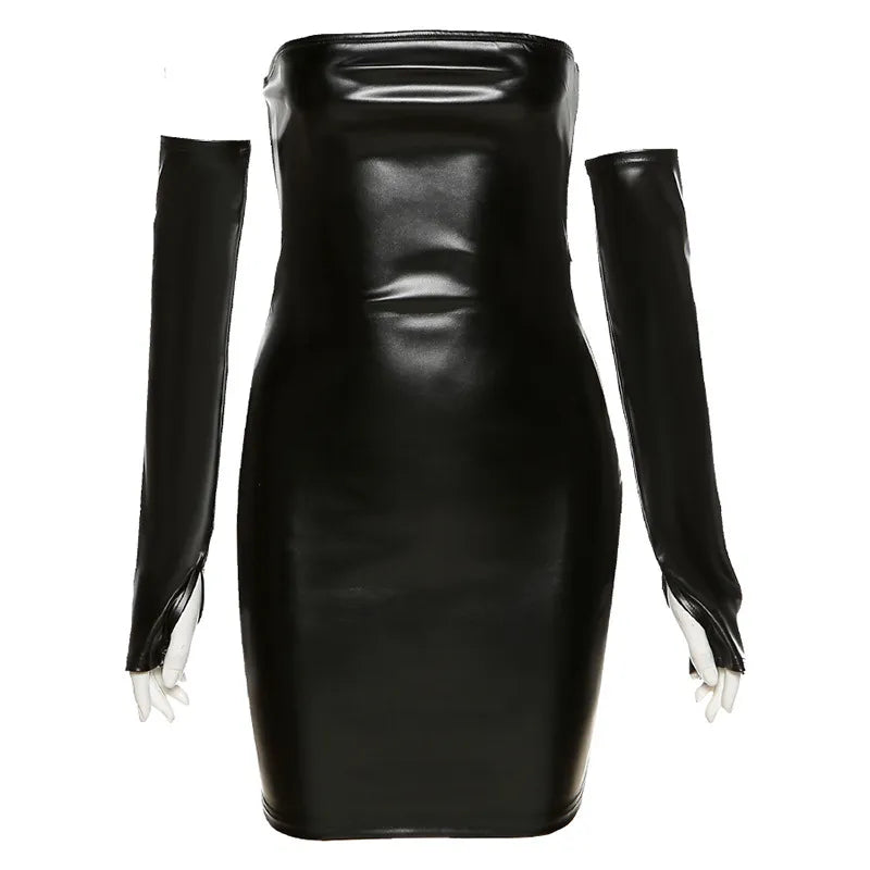 Leosd Sexy Strapless PU Mini Club Dress Winter Autumn Faux Leather Bodycon Dresses with Sleevelets Party Clubwear Tube Sundress