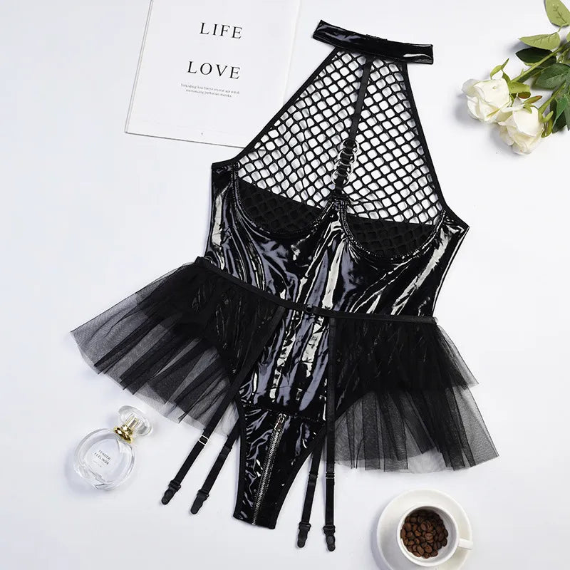 Latex Sexy Body Dessous Frauen Mesh Pu Leder Body Offene PVC Kostüme Rüschen Outfit Sissy Strumpfhosen