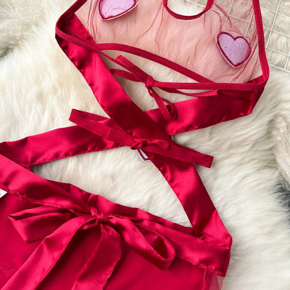 Wanita-camisón transparente con agujeros para mujer, minivestido Sexy con empalme de malla transparente, delantal de amor, Mini ropa de dormir para Cosplay