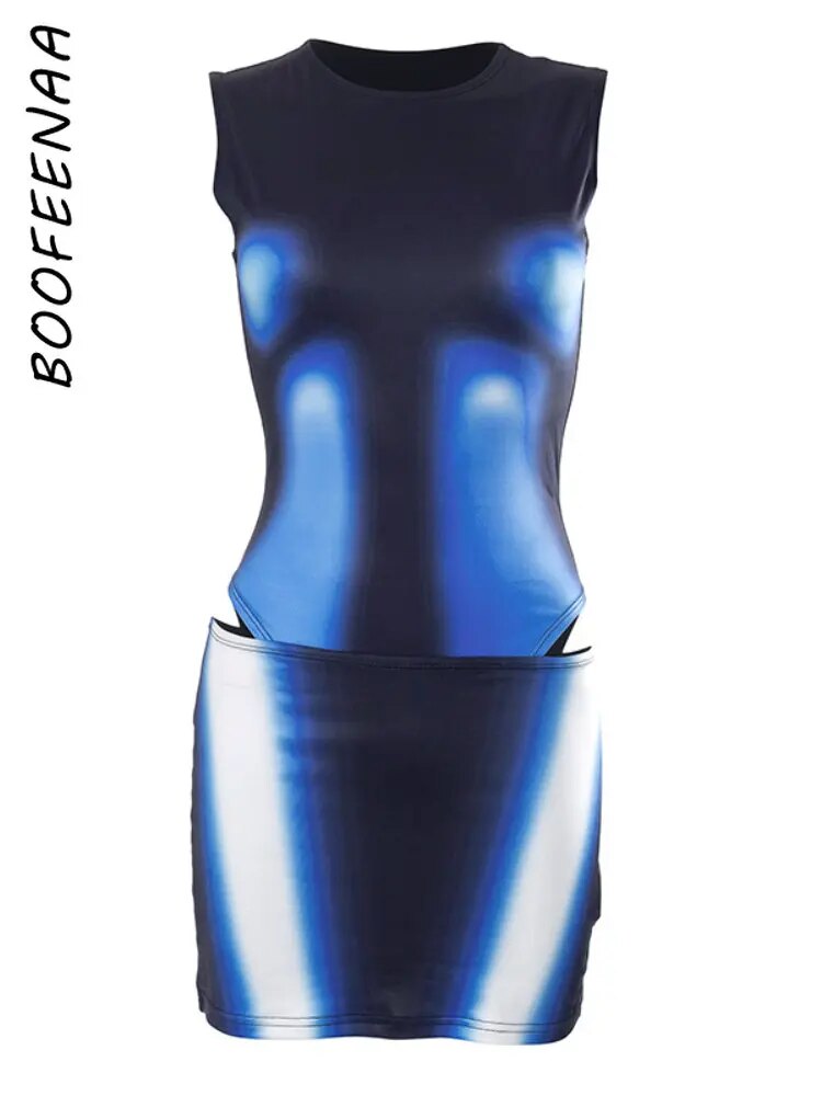 BOOFEENAA 3D-Körperdruck 2-teiliges Set Damen Outfits Sommermode Y2k Streetwear Sexy Rave Bodysuit Top und Rock Sets C85-BG15