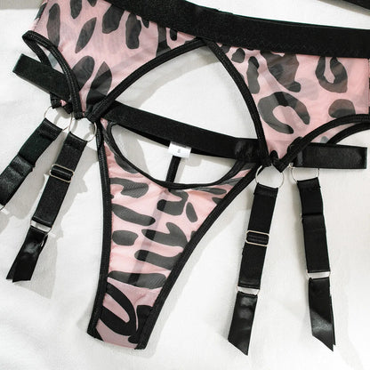 Ropa interior Sexy de leopardo para mujer, lencería abierta con kit de medias, conjuntos de Liga íntima de encaje Sensual