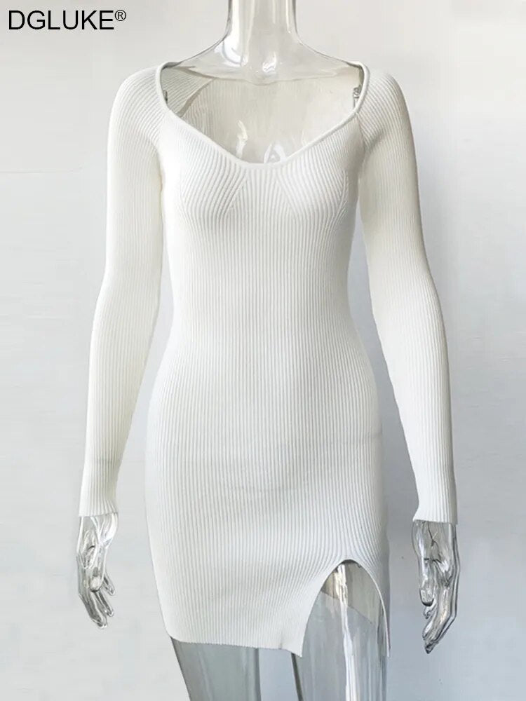 Minivestido blanco de punto de manga larga con cuello en V, vestido tipo suéter ajustado acanalado, vestidos cortos elegantes para Otoño e Invierno para mujer 2023