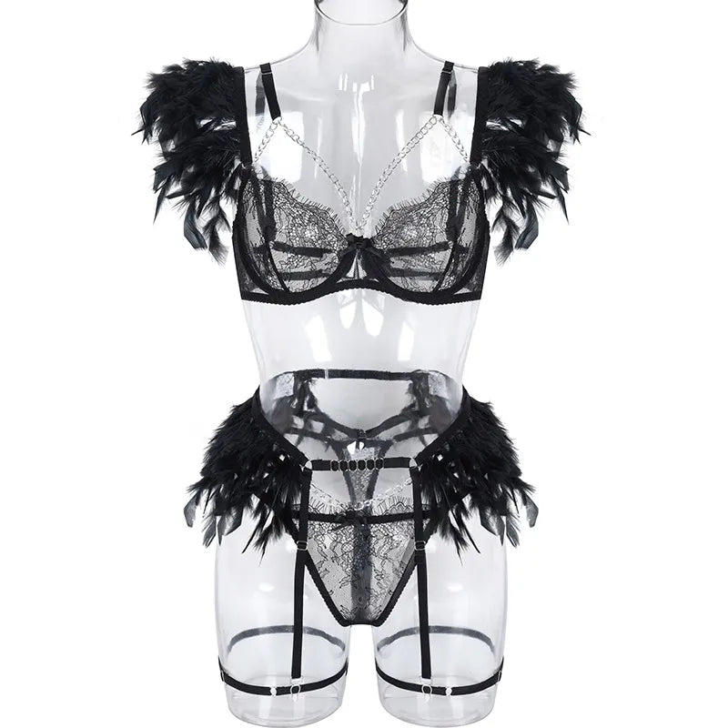 Ropa interior transparente para mujer, decoración de plumas de lujo, lencería con cadena de Metal, traje de Tanga, ropa Punk Sexy