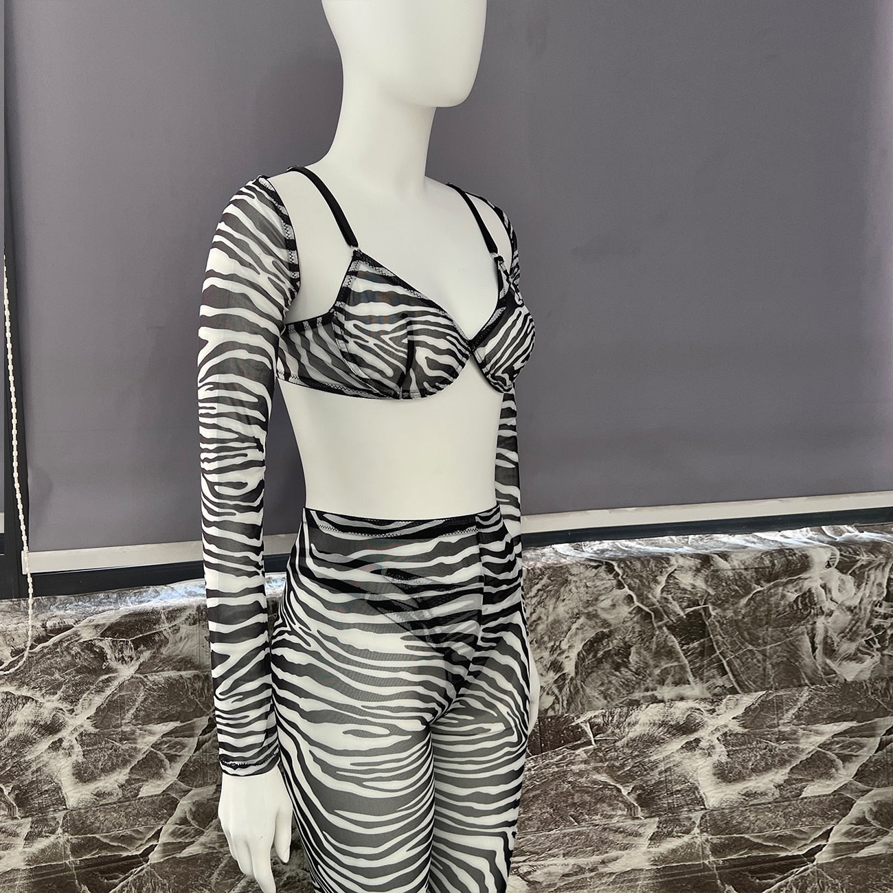 Zebra Lingerie For Full Crop Top Tight Outfit Transparent Sheer Lace Seamless Intimate G-String Briefs Sets