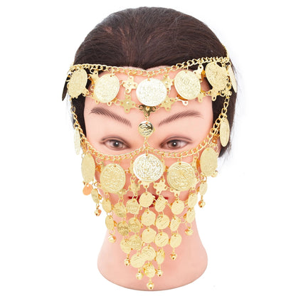 Máscara de mascarada con borla y moneda de lujo para mujer, velo, cadena para la cara, danza del vientre, escenario, diademas para fiesta, regalo bohemio para el cabello