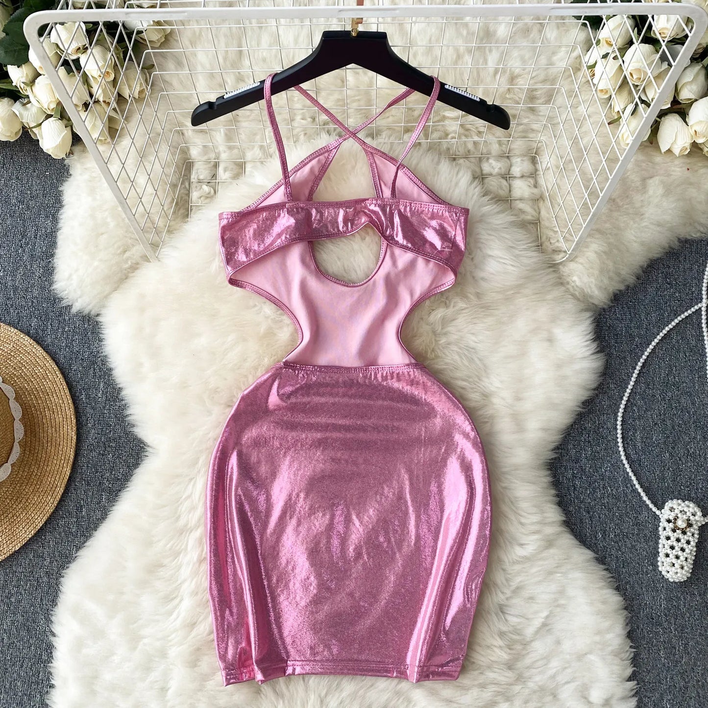 Shiny Hollow Out Sensual Mini Dress 2023 Strap Slim   Short Nightdress Ladies Korean Sexy Bodycon Dress Wanita